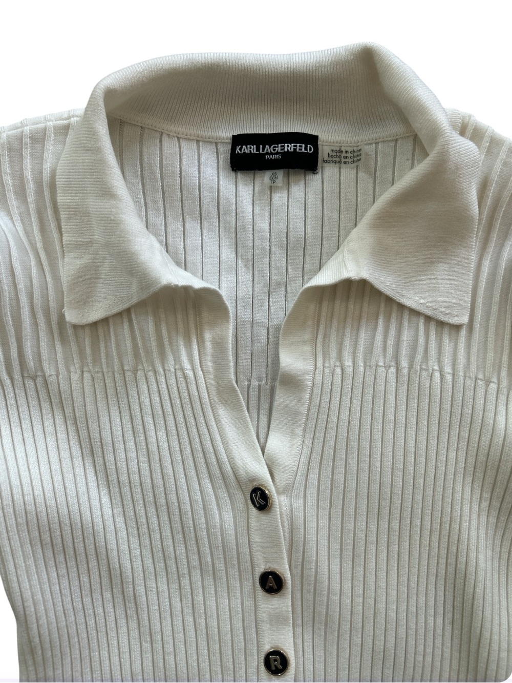 Karl Lagerfeld Cream Ribbed V-Neck Button Polo Sweater